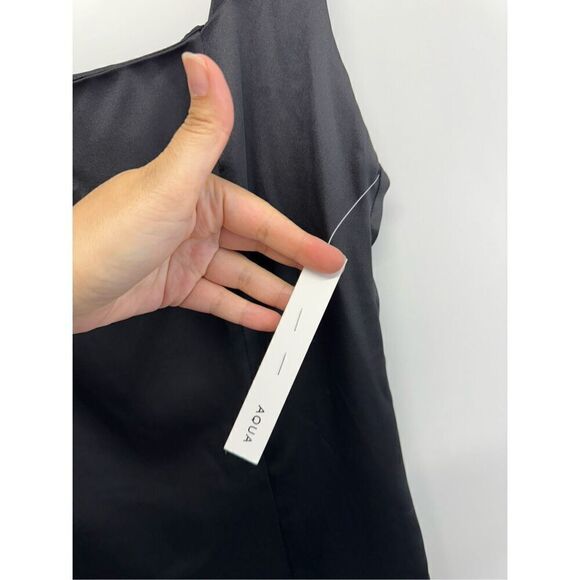 AQUA Mini Satin Dress Size Large Black‎ Square Neck Sleeves Exclusive NWT - Picture 6 of 13